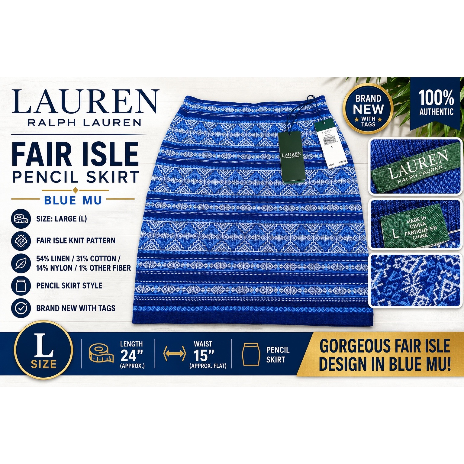 Lauren Ralph Lauren Fair Isle Knit Pencil Skirt Blue Mu Multi Linen Cotton Large